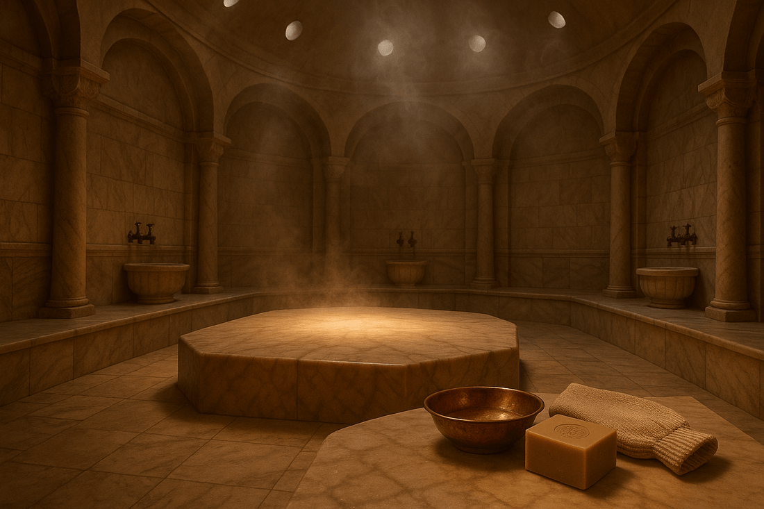 A luxurious Turkish hammam interior with warm, soft lighting, steam rising in the air, and traditional marble architecture under a domed ceiling.