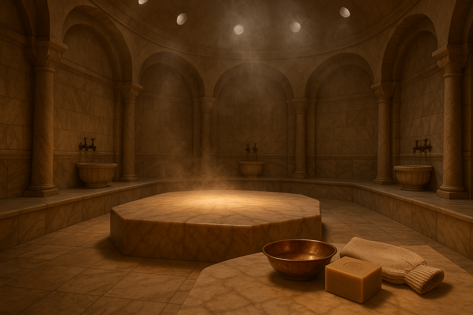 A luxurious Turkish hammam interior with warm, soft lighting, steam rising in the air, and traditional marble architecture under a domed ceiling.