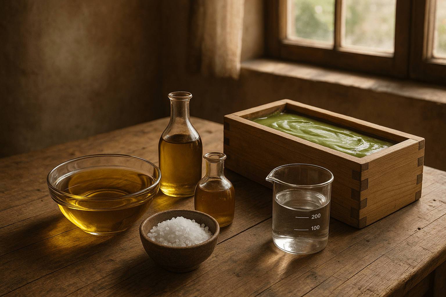 A rustic kitchen scene showing the process of making Aleppo soap at home. 