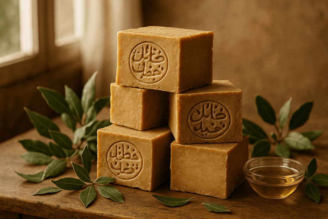 A rustic, natural product photography scene featuring traditional Aleppo soap bars.
