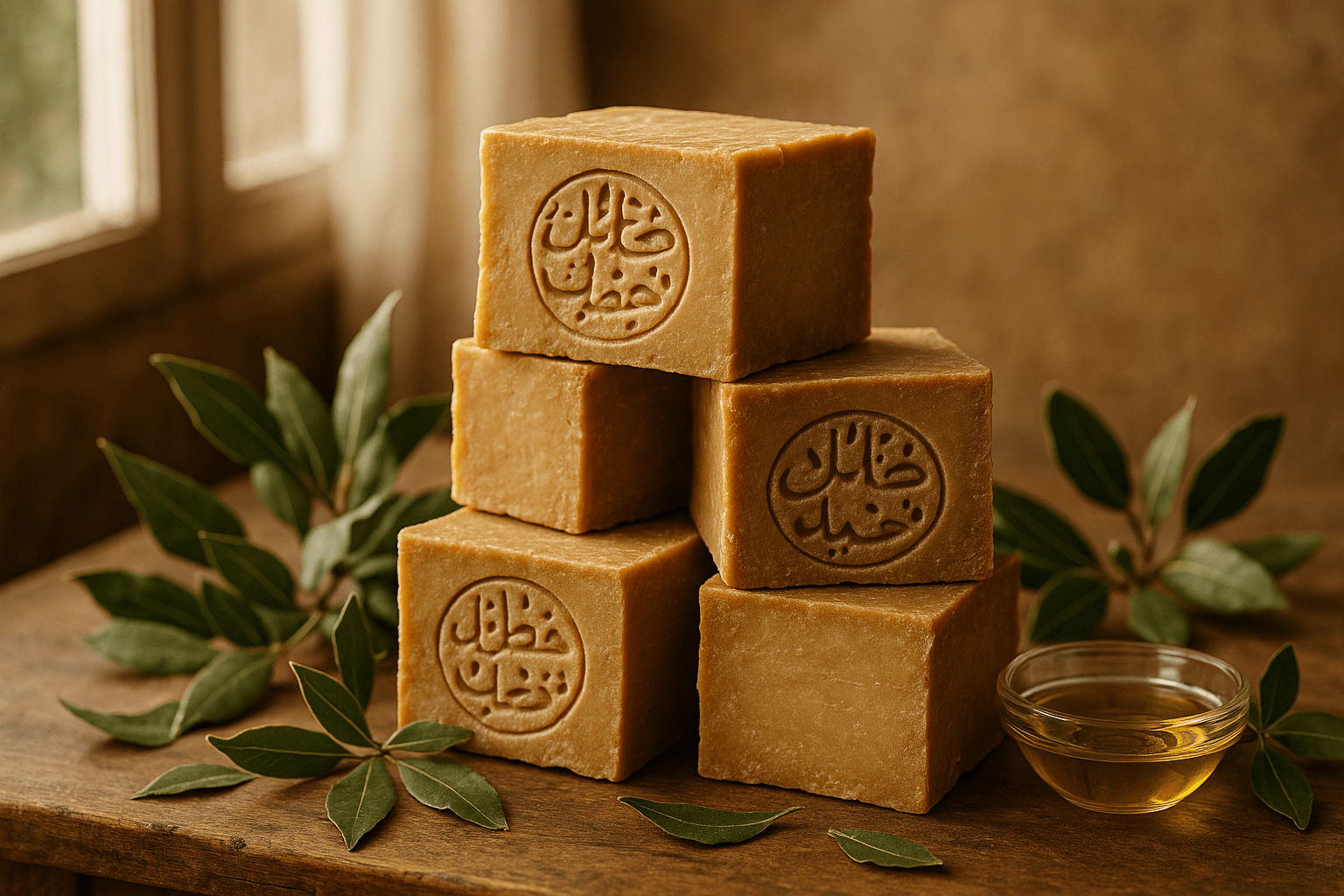 A rustic, natural product photography scene featuring traditional Aleppo soap bars.