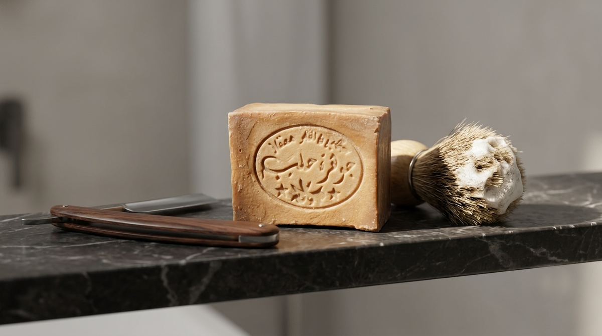 Avlia 10% Laurel Oil Aleppo Soap bar with shaving brush and straight razor on marble shelf, natural wet shave