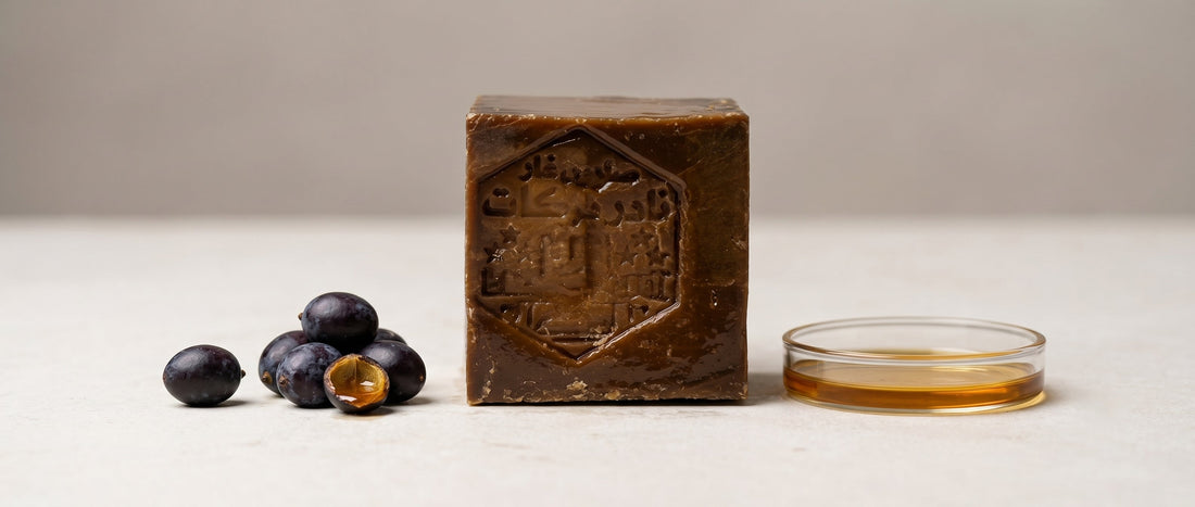 Avlia 30% Aleppo soap bar with bay laurel berries and golden laurel oil on white stone — showing the antibacterial laurel berry oil that targets acne-causing bacteria