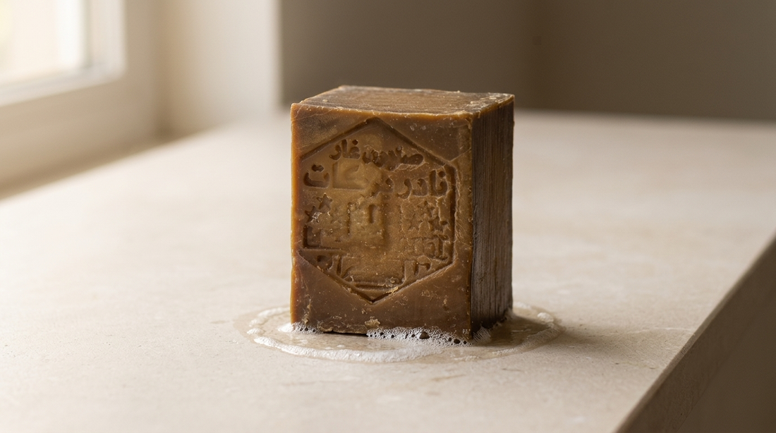 Avlia 30% Laurel Oil Aleppo Soap bar on pale honed limestone, calm natural morning light, gentle olive oil soap