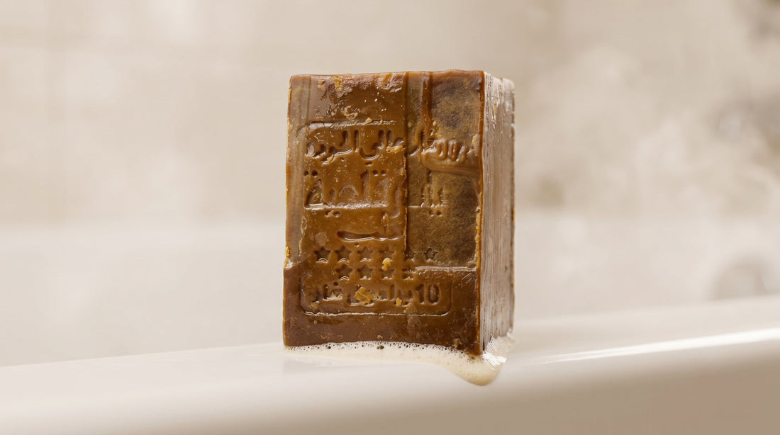 Avlia 40% Laurel Oil Aleppo Soap bar on white ceramic bathtub edge, calm therapeutic atmosphere, gentle natural soap