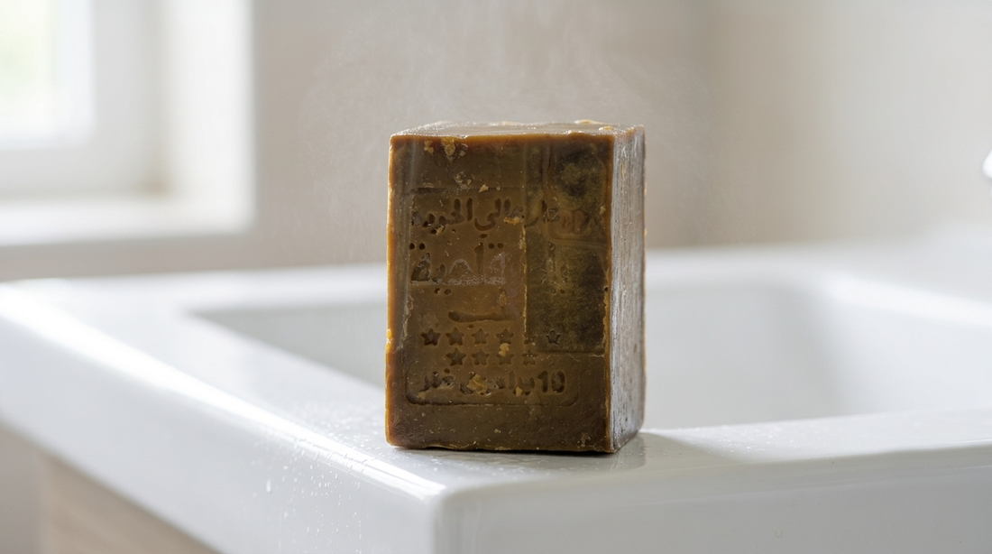Avlia 40% Laurel Oil Aleppo Soap bar wet on white ceramic sink edge with water mist, gentle soap for reactive skin