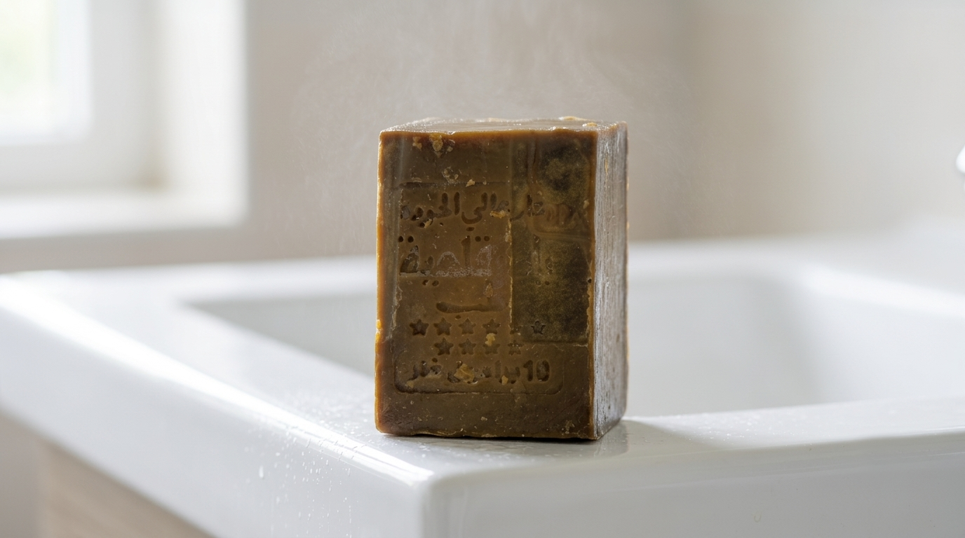 Avlia 40% Laurel Oil Aleppo Soap bar wet on white ceramic sink edge with water mist, gentle soap for reactive skin