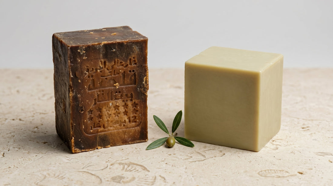 Avlia 50% Laurel Oil dark Aleppo Soap bar beside smooth pale Marseille-style soap on limestone, two soap traditions