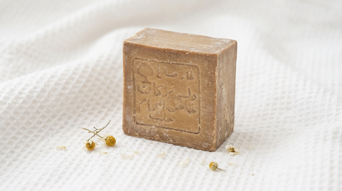 Avlia 5% Laurel Oil Aleppo Soap bar on soft white cotton with dried petals, extremely gentle sensitive skin soap