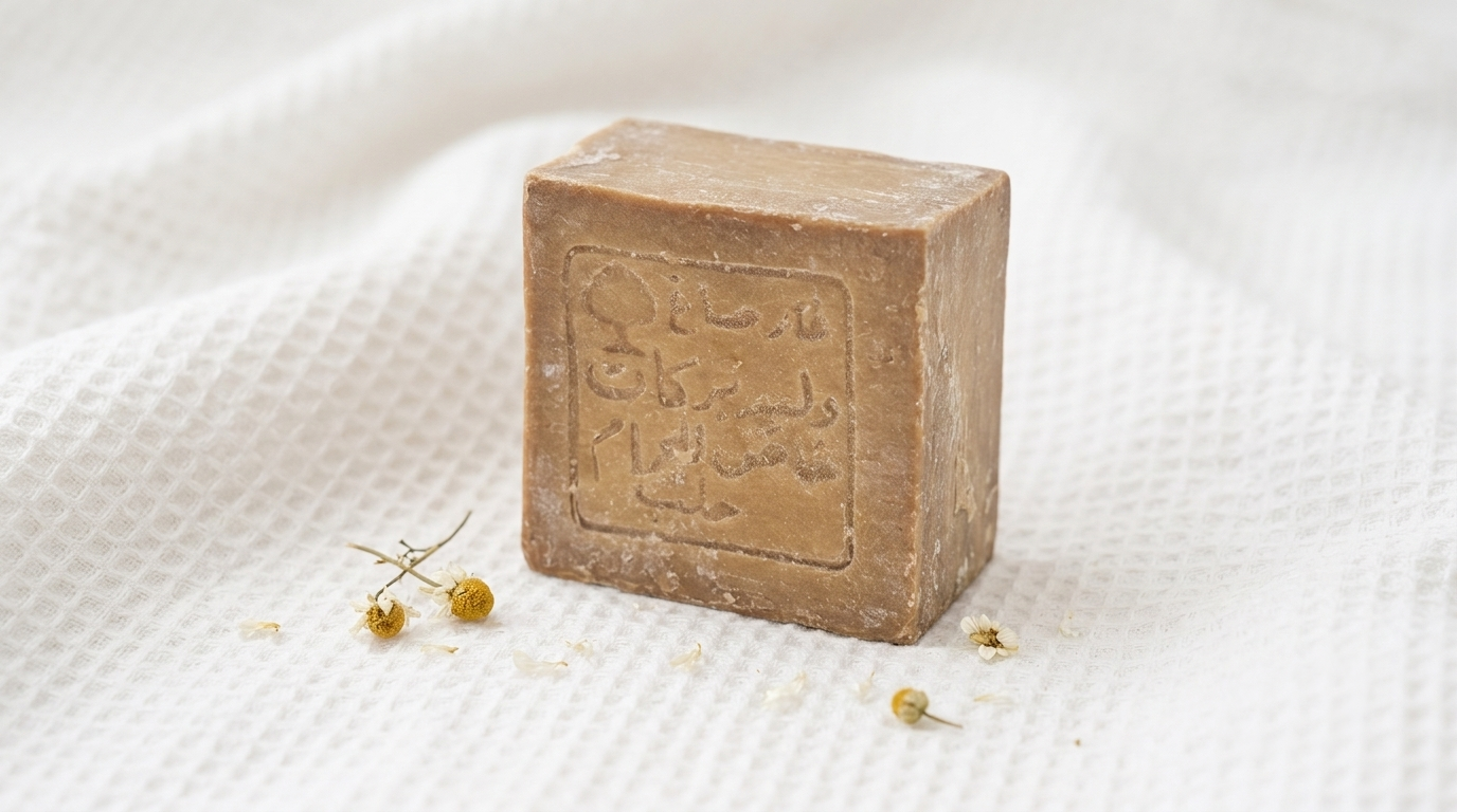 Avlia 5% Laurel Oil Aleppo Soap bar on soft white cotton with dried petals, extremely gentle sensitive skin soap