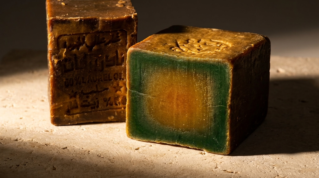 Avlia 60% Laurel Oil Aleppo Soap bar freshly cut showing green amber interior gradient, natural glycerin visible