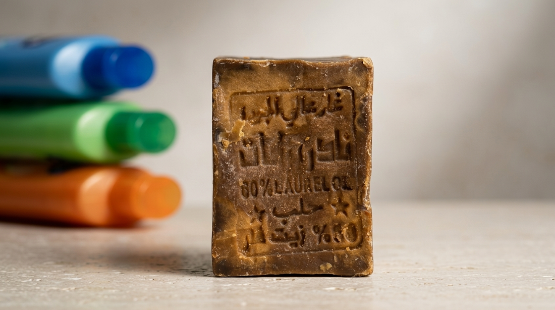 Avlia 60% Laurel Oil Aleppo Soap bar in sharp focus with blurry plastic bottles in background, natural vs commercial