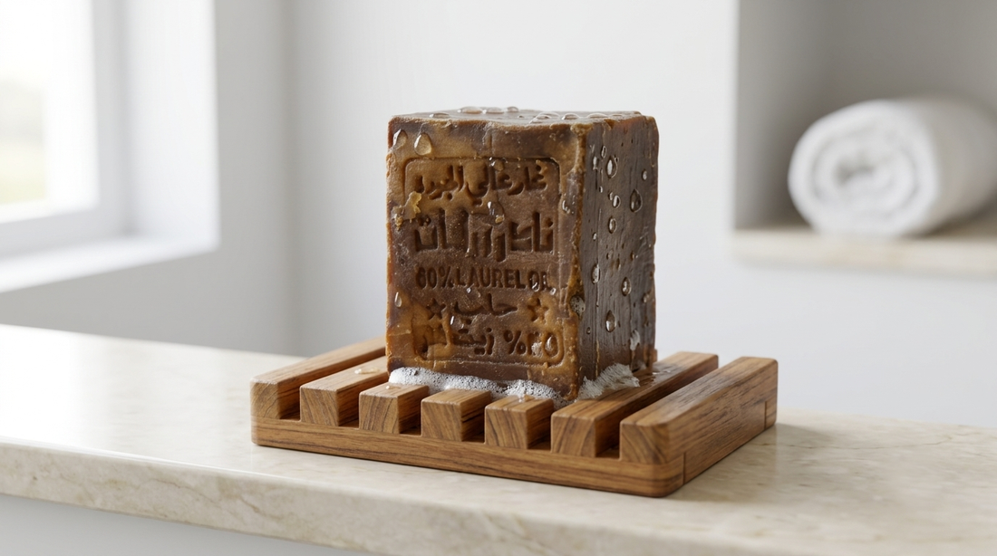 Avlia 60% Laurel Oil Aleppo Soap bar mid-use on teak drainage dish with water droplets, correct storage for longevity