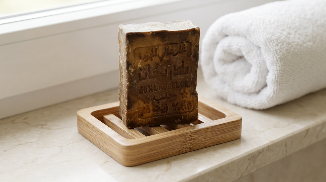 Avlia 60% Laurel Oil Aleppo Soap bar on wooden drainage dish on bathroom marble shelf, correct storage setup