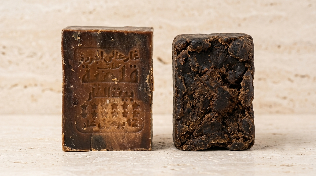 Avlia 75% Laurel Oil Aleppo Soap bar beside Black African soap on pale travertine, two ancient soap traditions