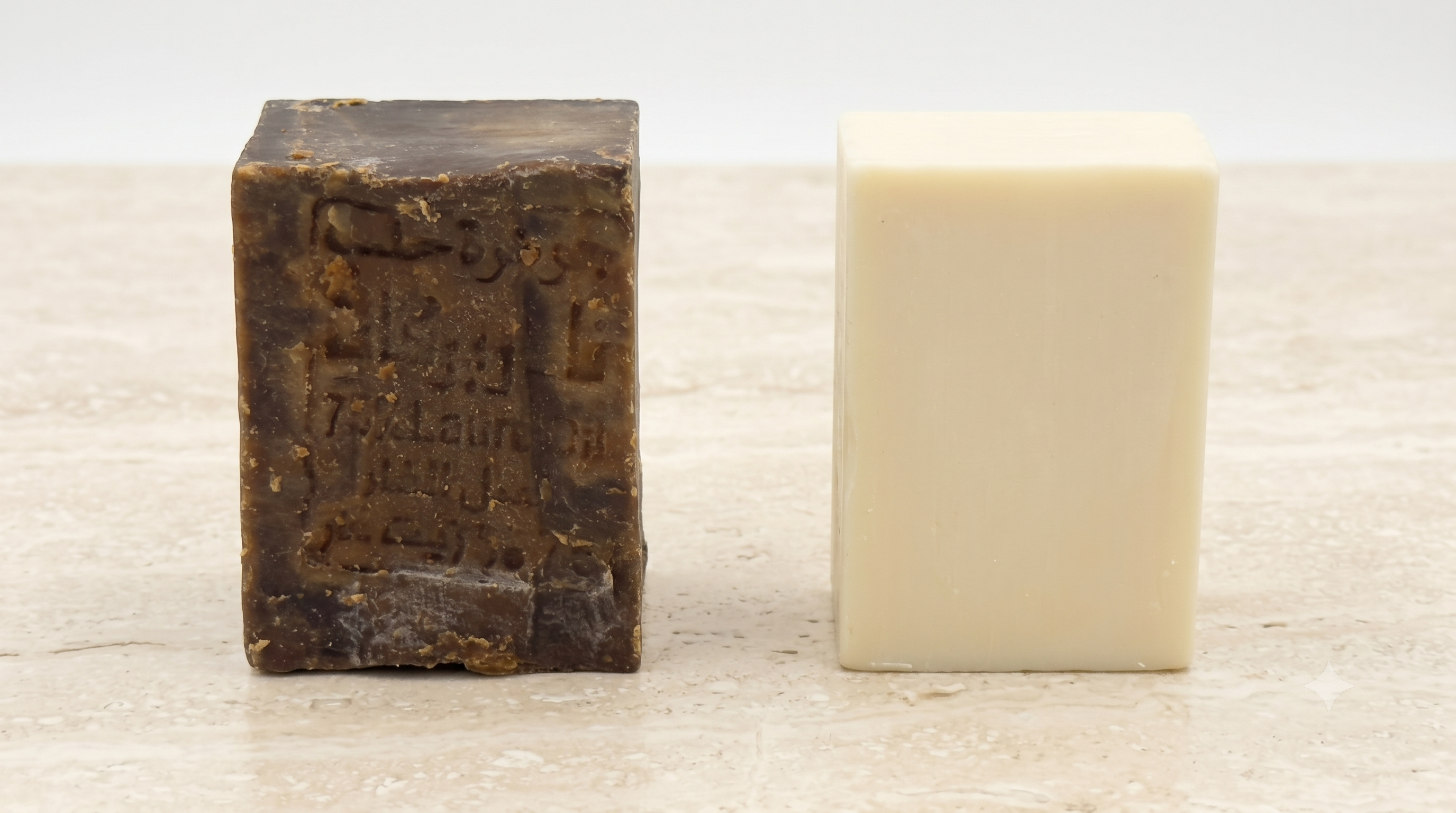Avlia 75% Laurel Oil Aleppo Soap dark brown bar beside ivory castile soap on travertine, comparison product photography