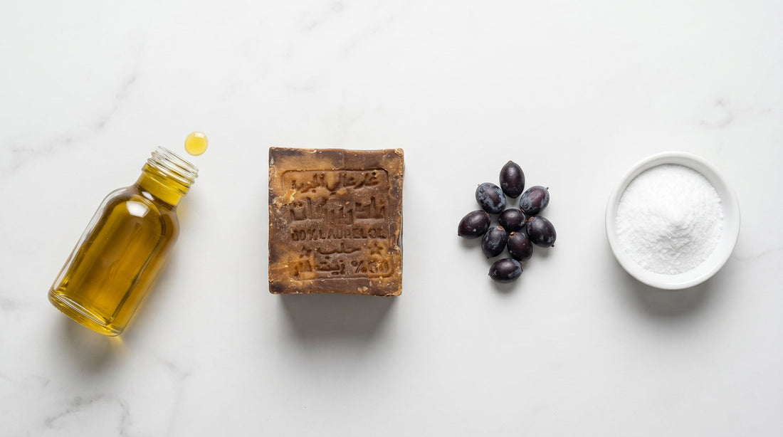 Four ingredients flat lay with Avlia 60% Laurel Oil Aleppo Soap, olive oil, laurel berries, water and lye on white marble