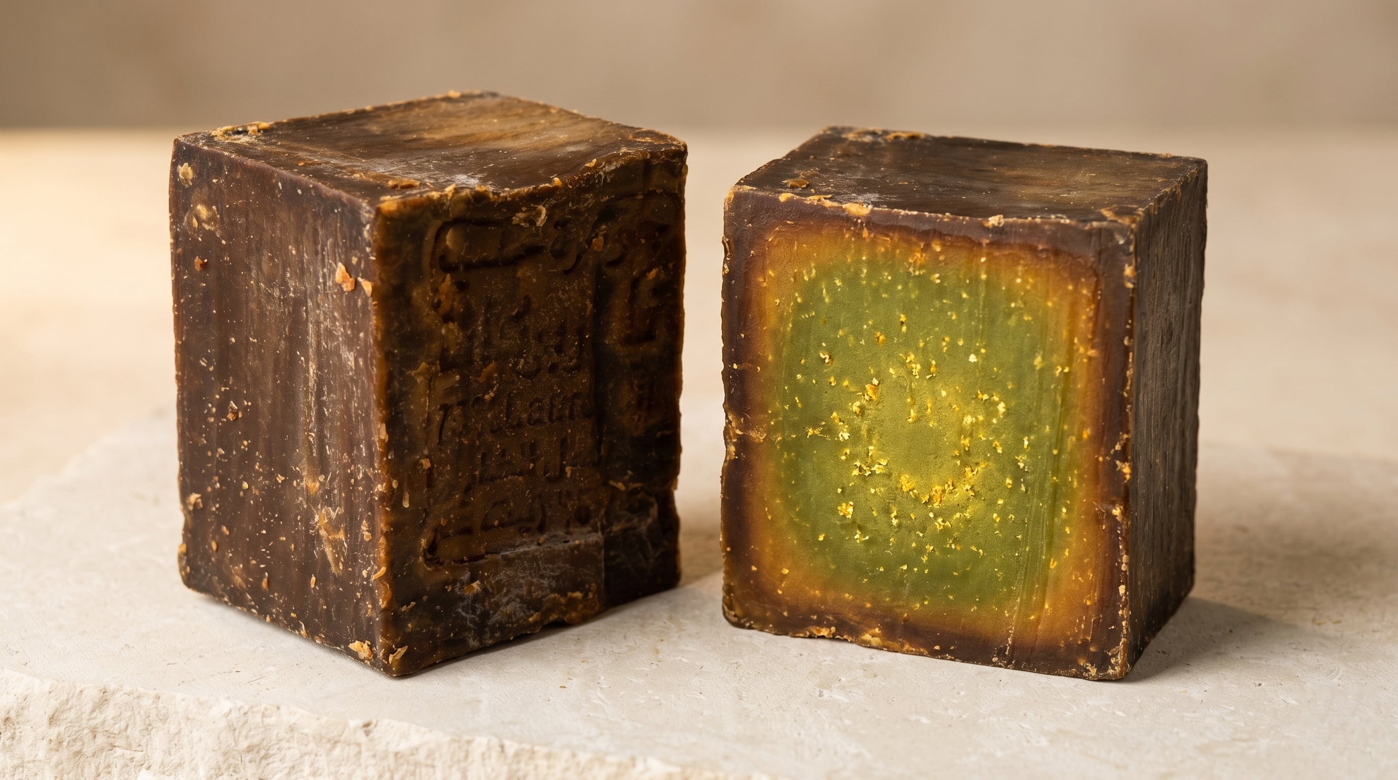Freshly cut Avlia Aleppo soap bar revealing olive-green interior core beneath dark brown oxidised exterior — the natural chlorophyll oxidation process that shows authentic aging