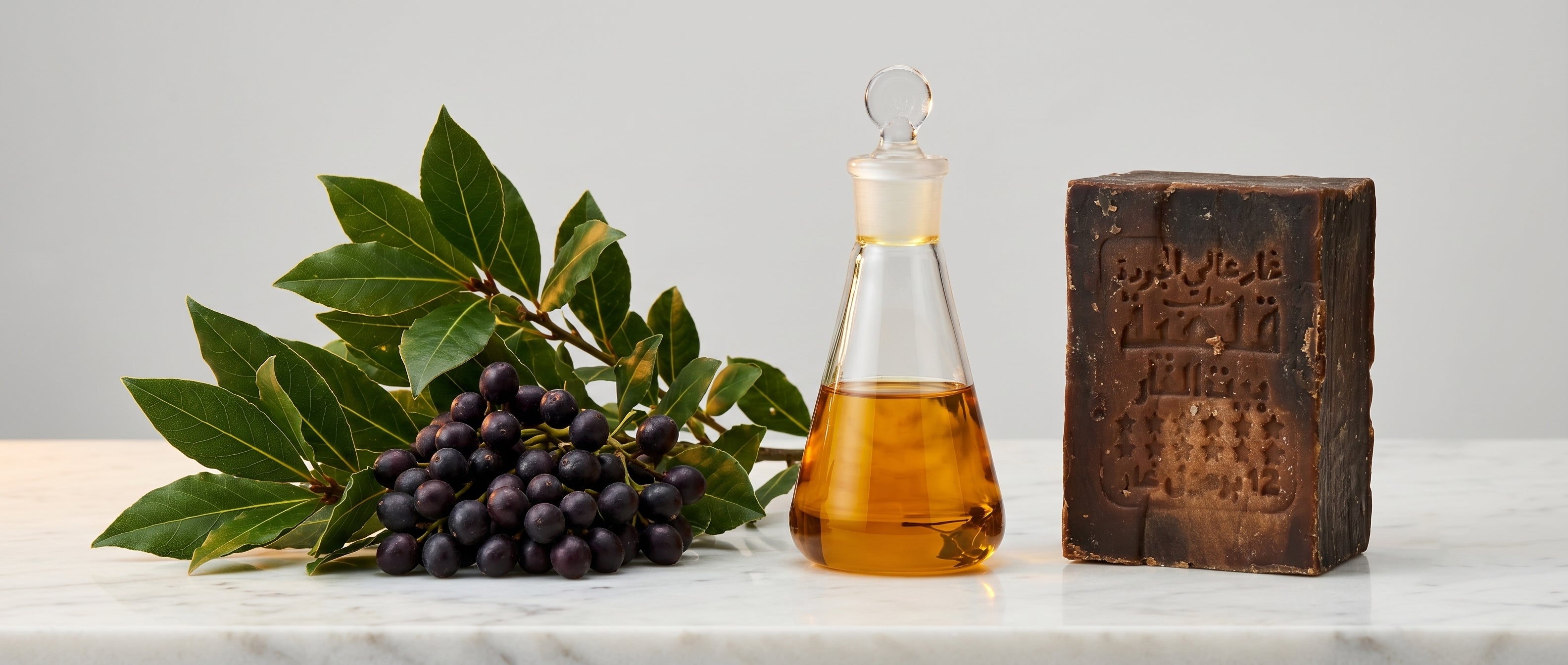 Golden laurel berry oil in glass flask beside fresh bay laurel branch and dark Avlia 50% Aleppo soap bar — the ancient antibacterial ingredient validated by modern science