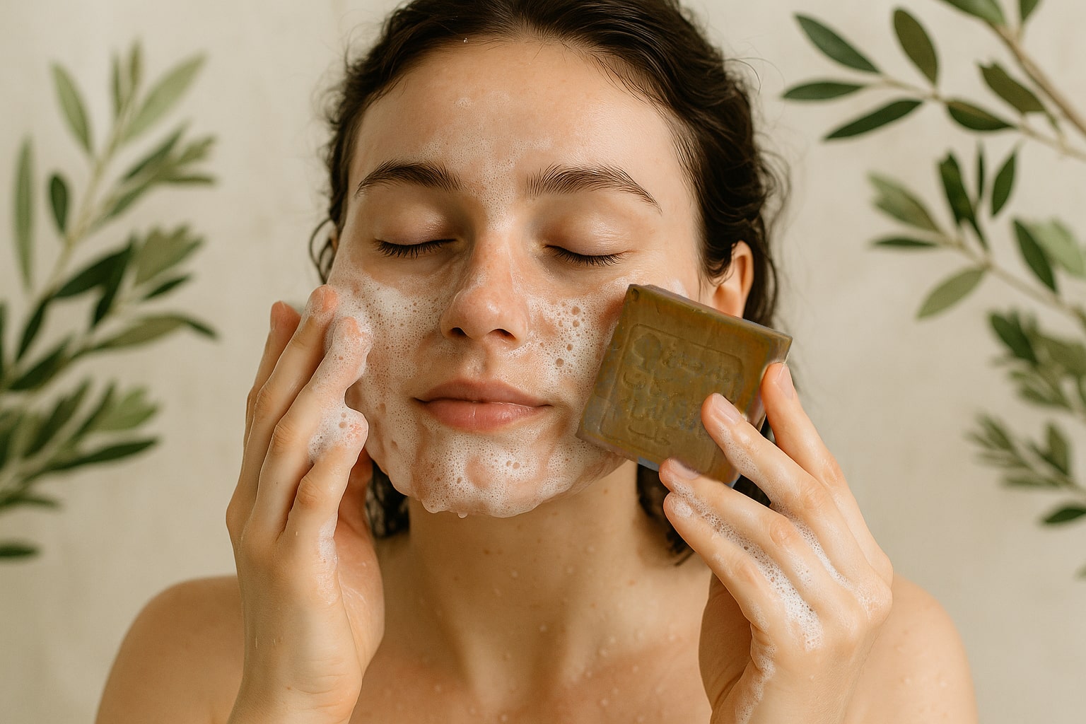 Natural skincare scene featuring a young adult with clear, healthy skin gently washing their face with a bar of Aleppo soap