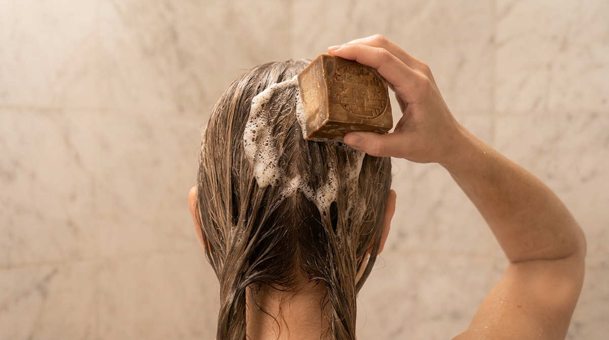 Person from behind pressing Avlia 16% Laurel Oil Aleppo Soap to crown of scalp in circular motion, oily scalp care