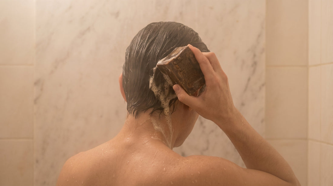 Person washing hair with Avlia 75% Laurel Oil Aleppo Soap bar from behind, scalp lather visible, spa steam atmosphere