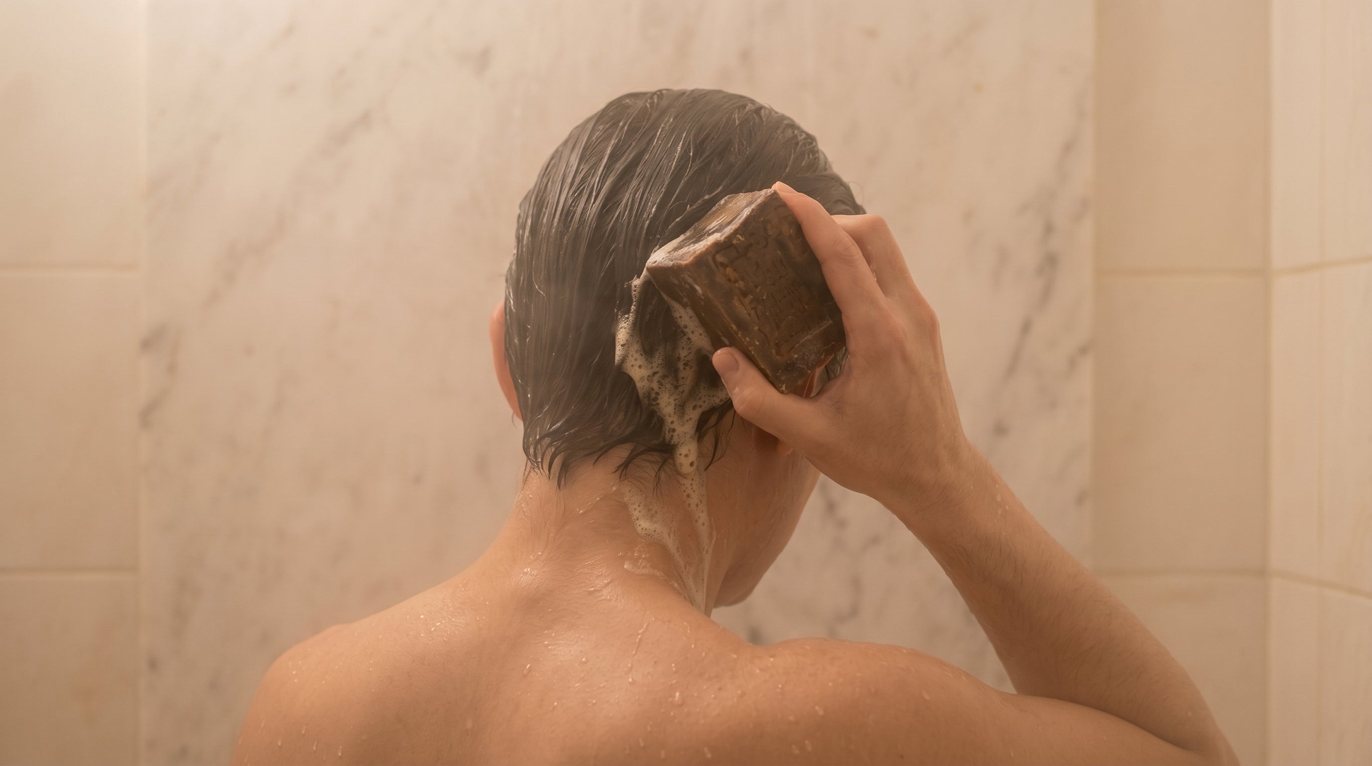 Person washing hair with Avlia 75% Laurel Oil Aleppo Soap bar from behind, scalp lather visible, spa steam atmosphere