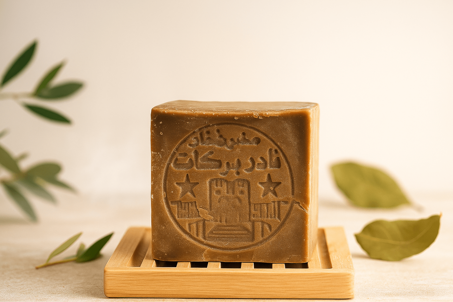 Rustic handmade Aleppo soap bar on a wooden soap dish with olive branches and laurel leaves in a spa-inspired natural setting.
