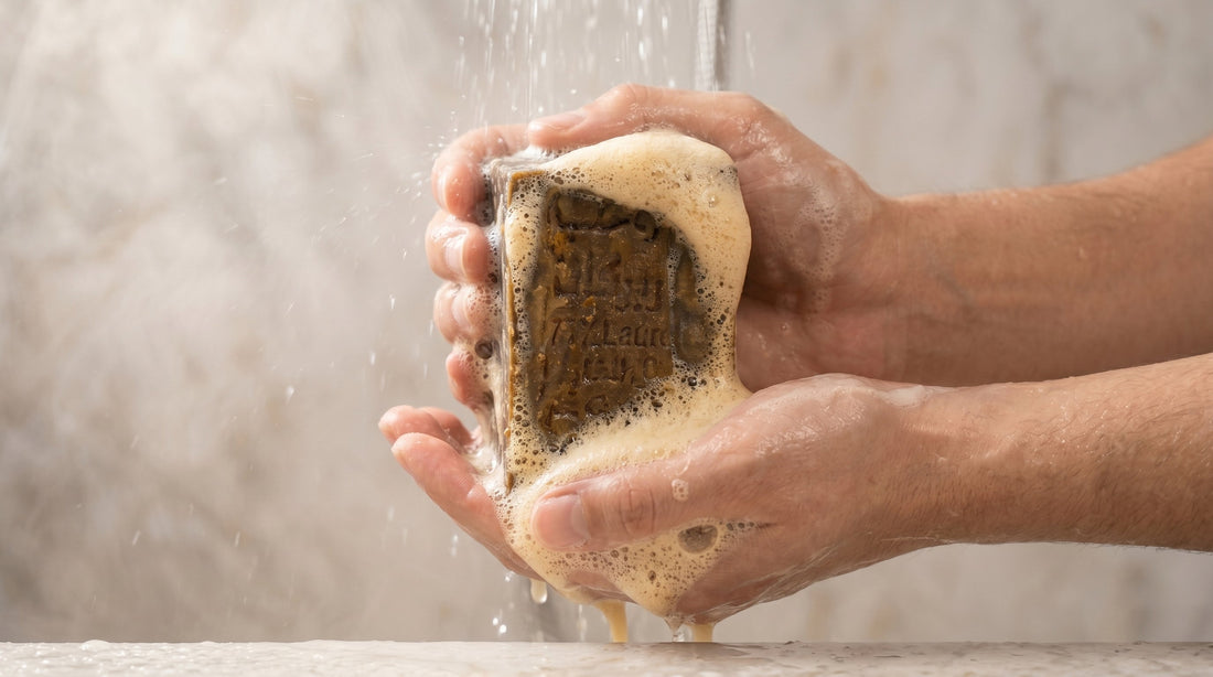 Two hands holding Avlia 75% Laurel Oil Aleppo Soap bar under warm running shower, rich lather between palms