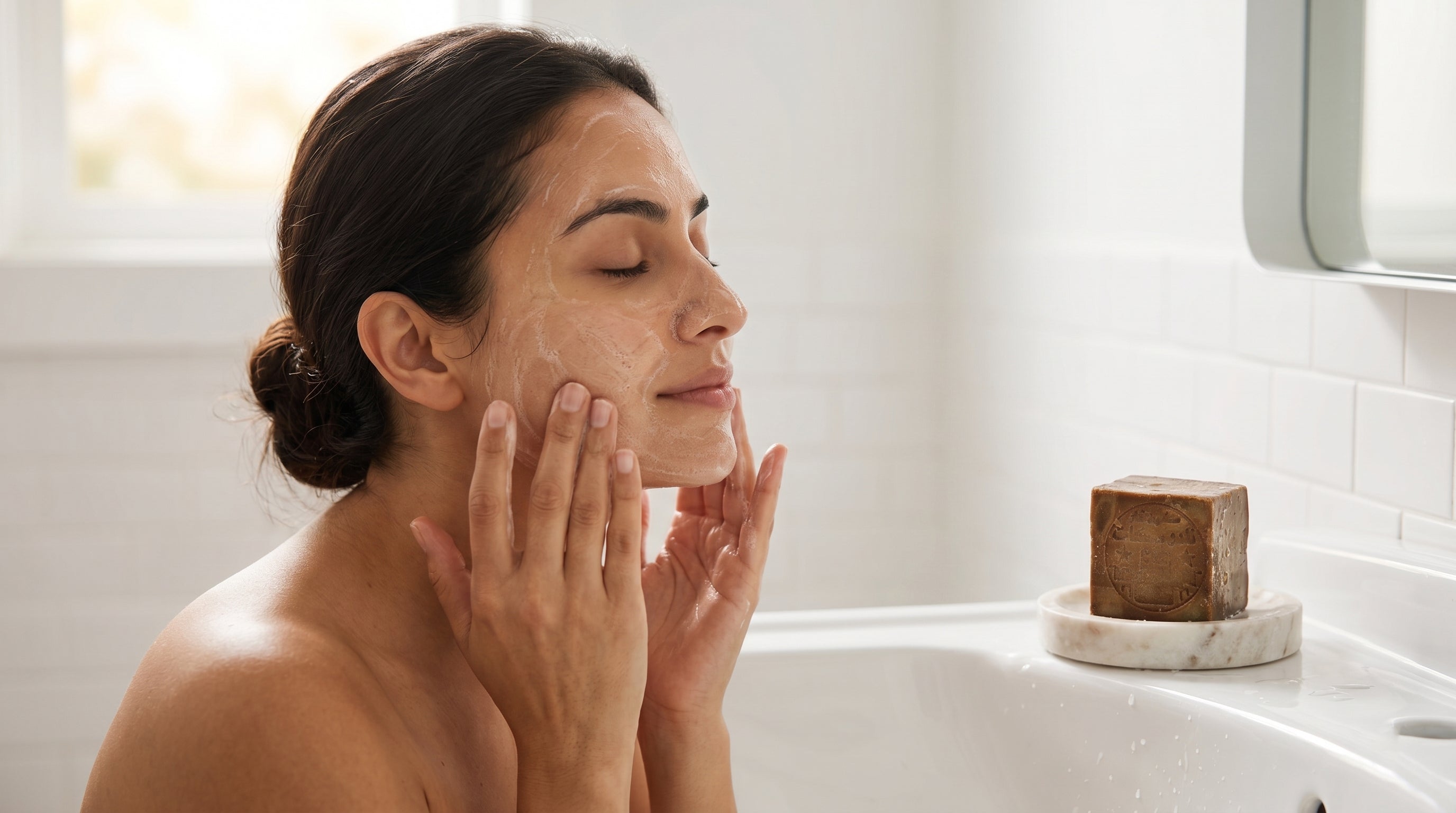 Woman gently applying Avlia Aleppo soap lather to face with fingertips in upward circular motion, soap bar on sink edge — proper face washing technique