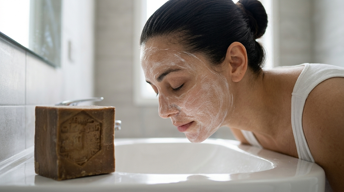 Woman with Avlia 30% Laurel Oil Aleppo Soap lather face mask, eyes closed, soap bar in foreground out of focus