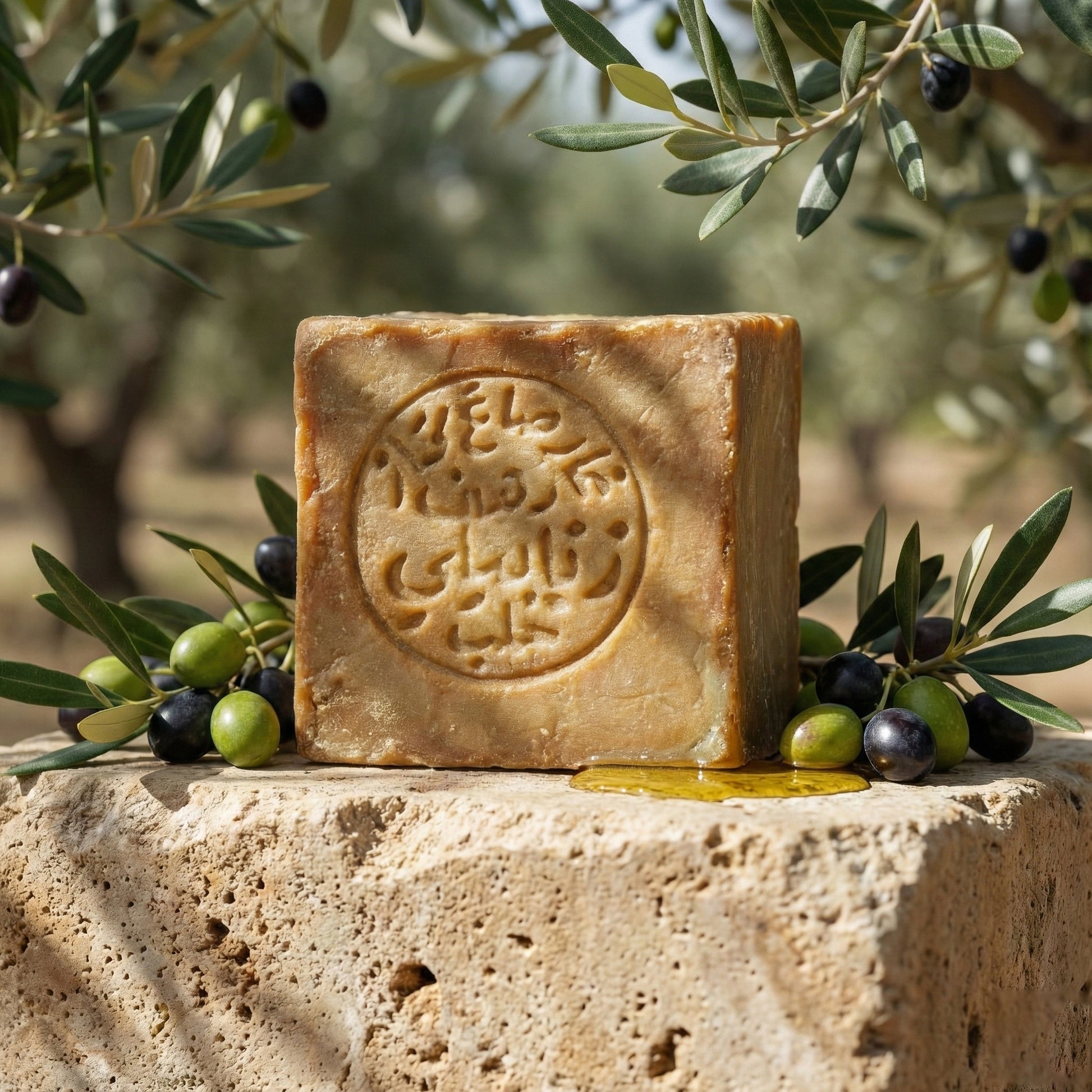 A close-up photograph of a square, rustic olive oil soap bar with a circular Arabic stamp, resting on a textured stone block.Olive branches with green and black olives surround the soap, and a small amount of golden oil is present