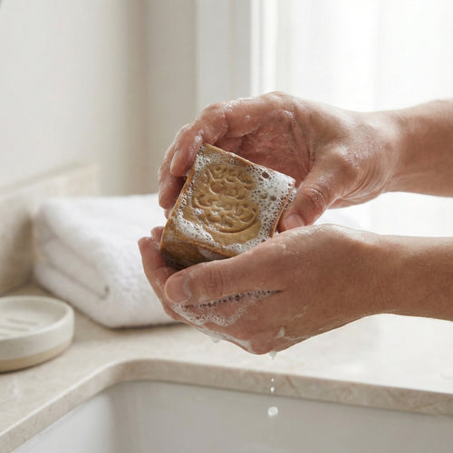 Rustic golden-brown Aleppo soap bar covered in rich bubbly lather on marble