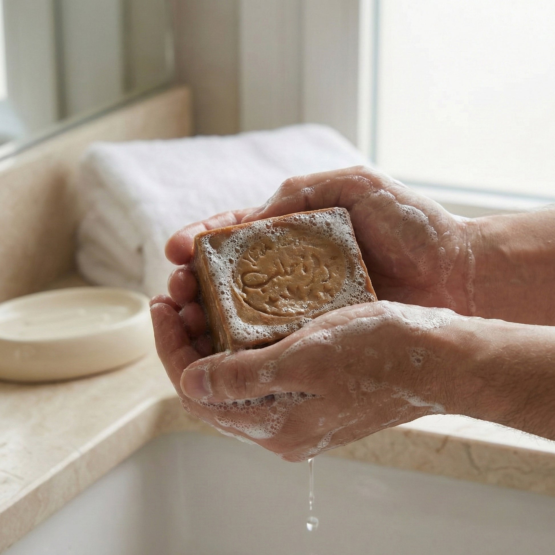 A person's wet, lathered hands holding a traditional brown Aleppo soap bar with an Arabic stamp over a bathroom sink, with a towel and soap dish in the background
