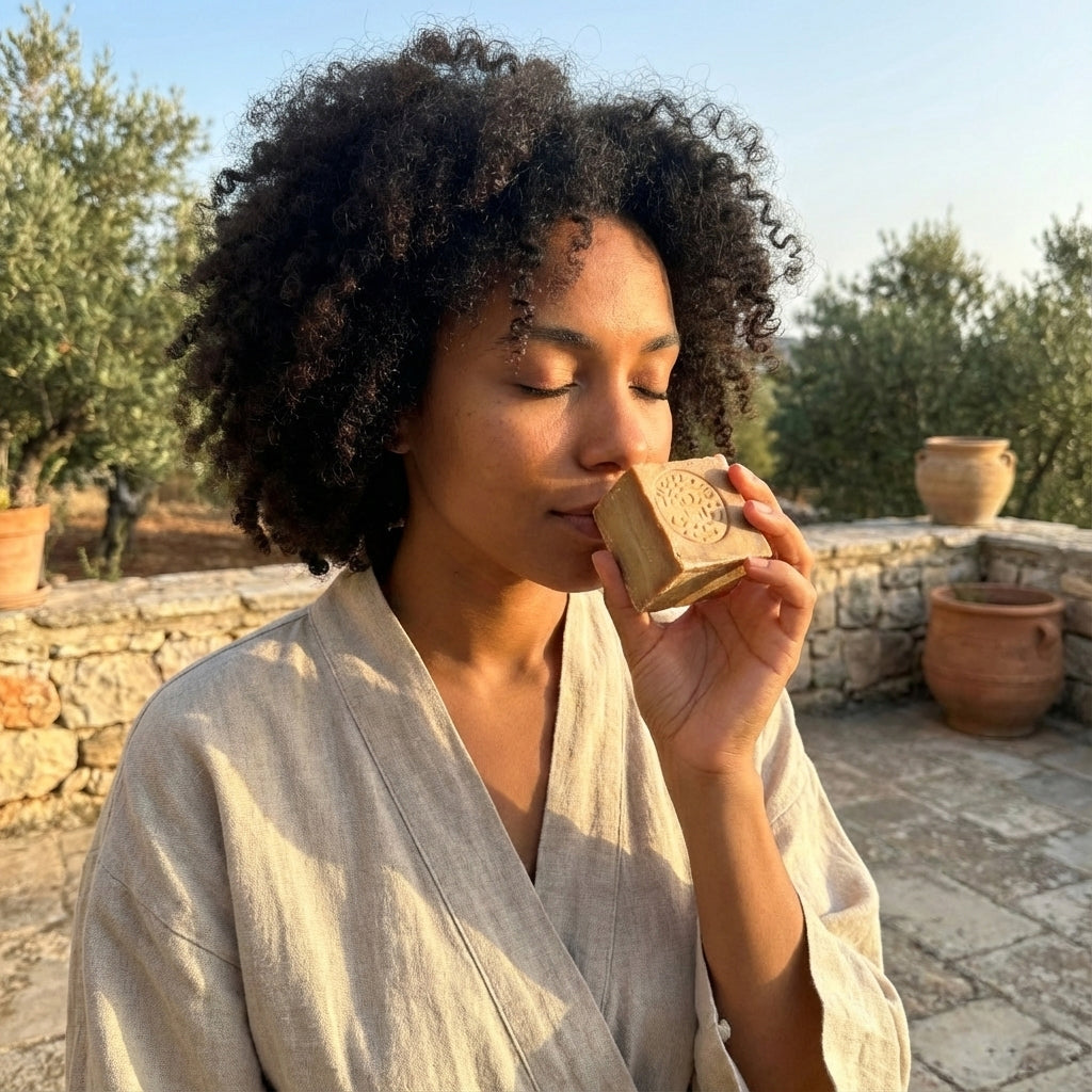 A portrait-style photograph shows a woman with dark, natural curly hair and a light beige linen robe, standing outdoors on a stone patio. Her eyes are closed as she holds a square, tan-colored Aleppo soap bar to her nose, inhaling its scent