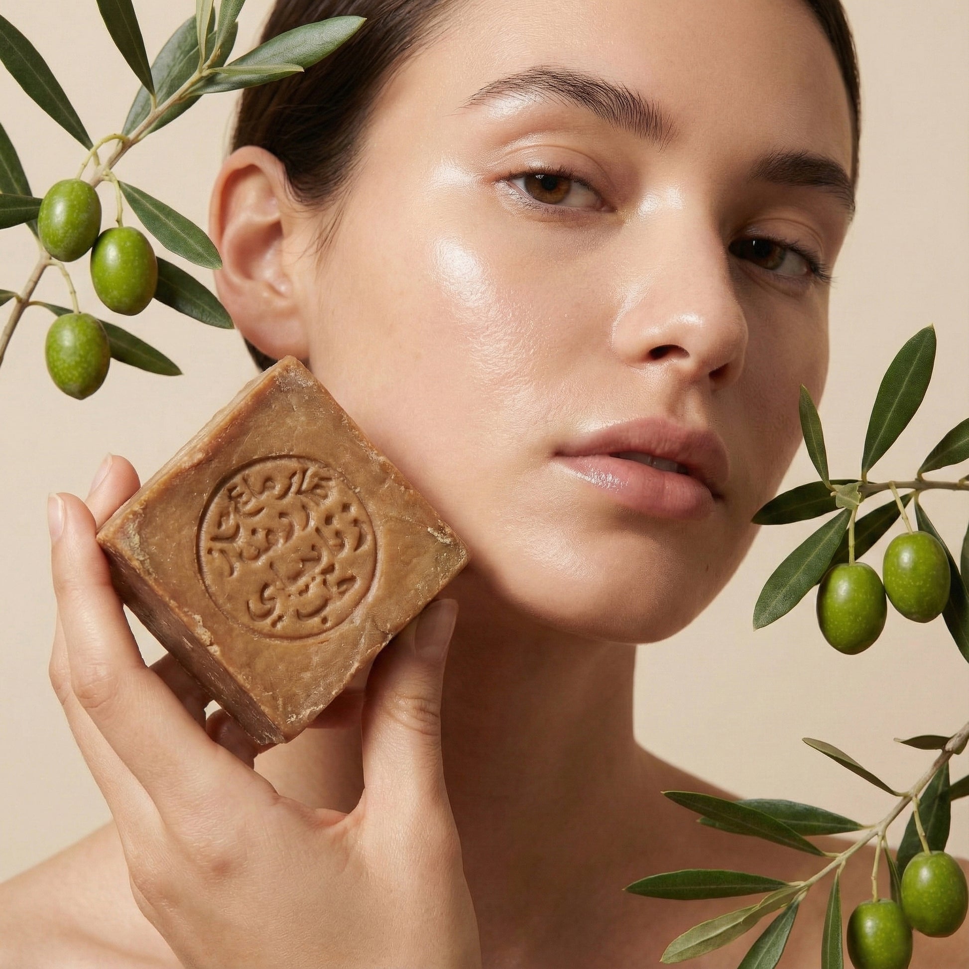 A vertical portrait photograph shows a woman with glowing, natural skin, holding a brown, square bar of soap with a large, circular Arabic stamp to her cheek