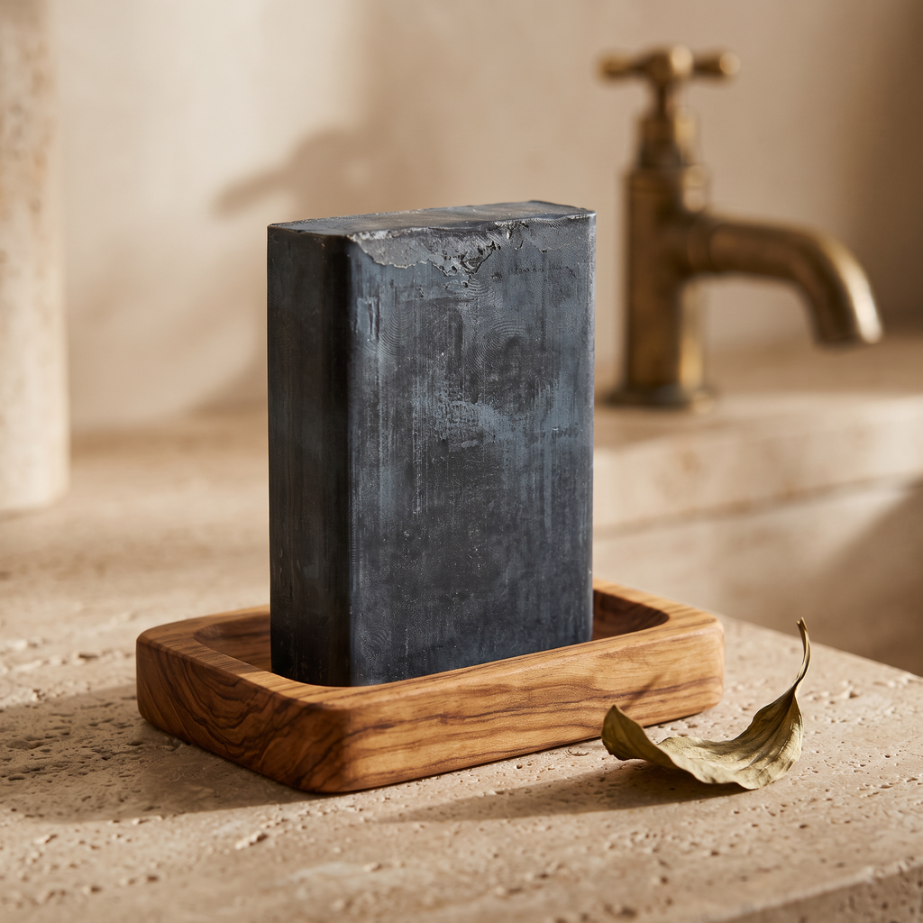 Avlia African Black Soap Bar in olive wood soap dish with dried plantain leaf