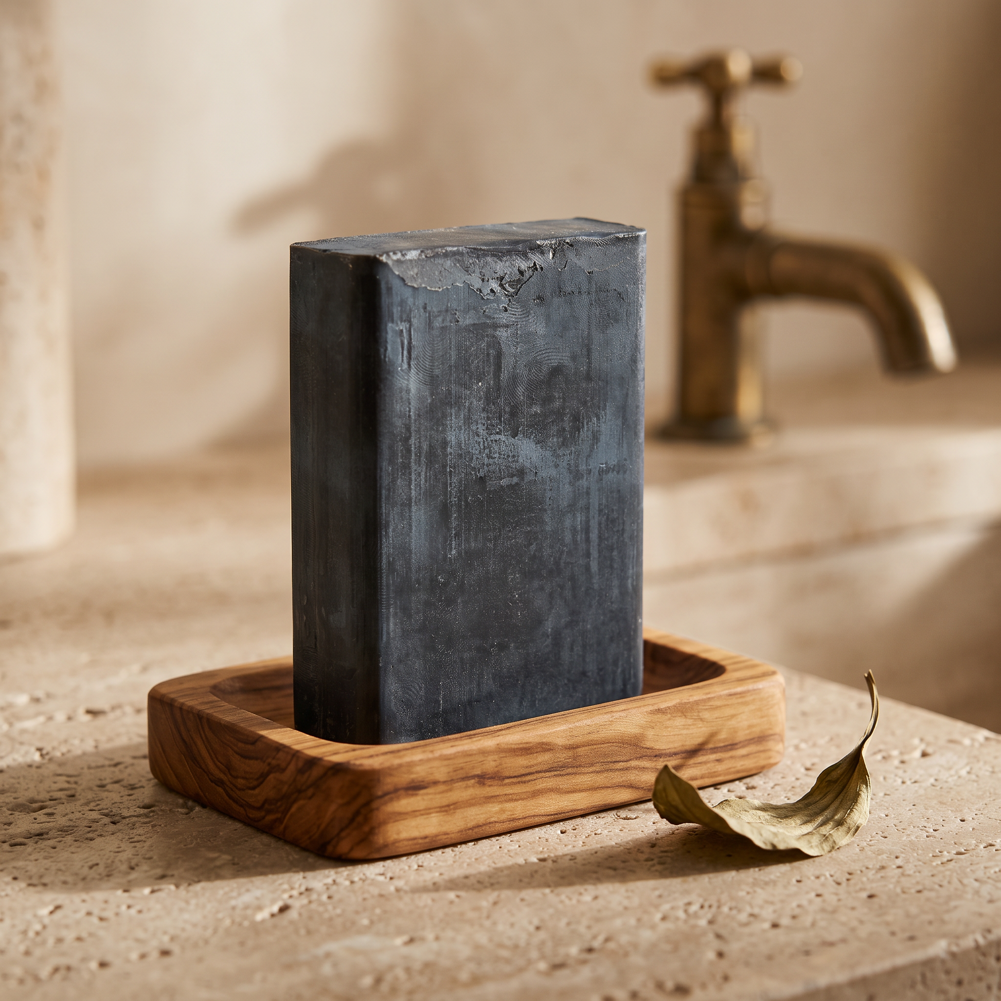 Avlia African Black Soap Bar in olive wood soap dish with dried plantain leaf