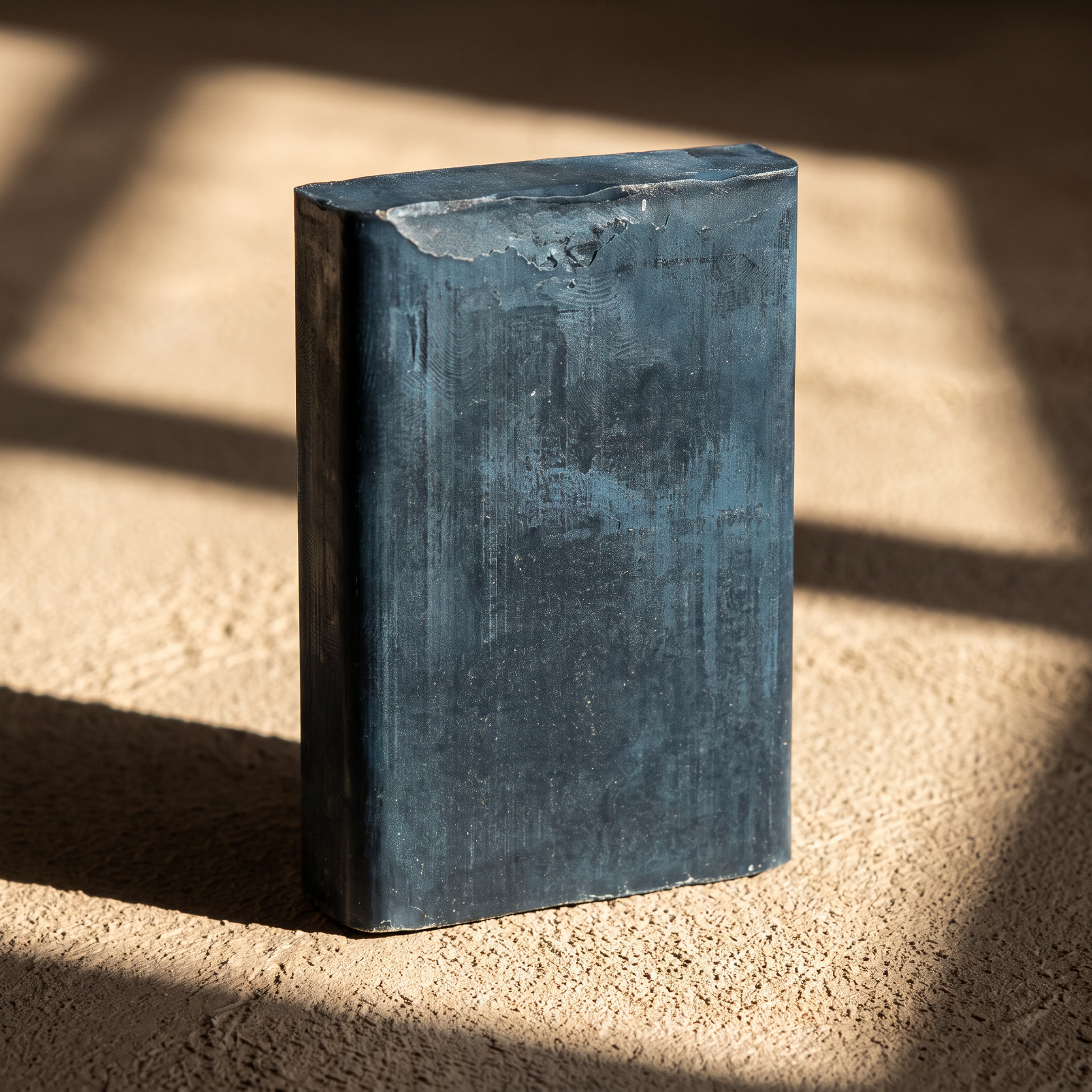 Avlia African Black Soap Bar in afternoon light with geometric shadows