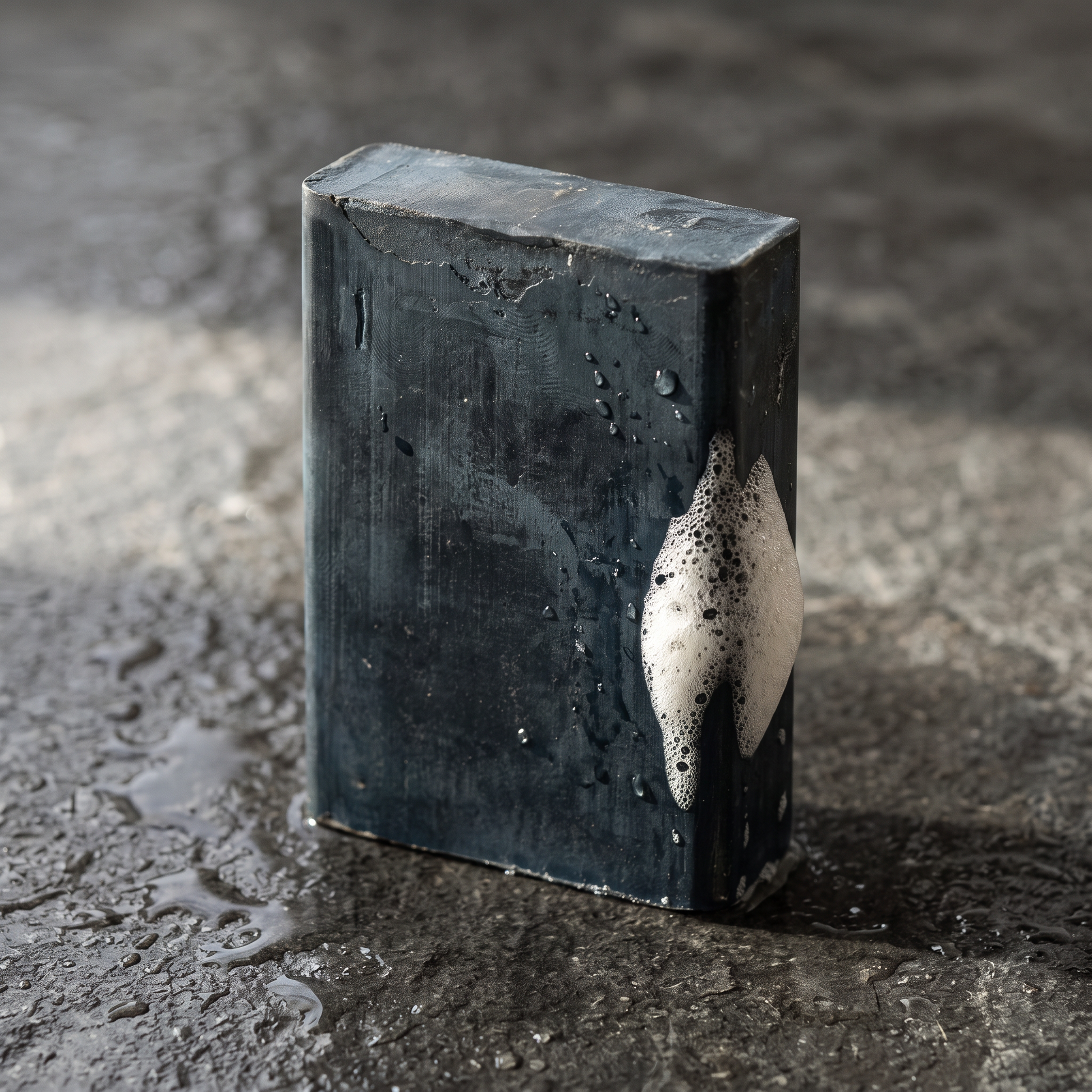 Avlia African Black Soap Bar lathering with dense white foam on wet stone
