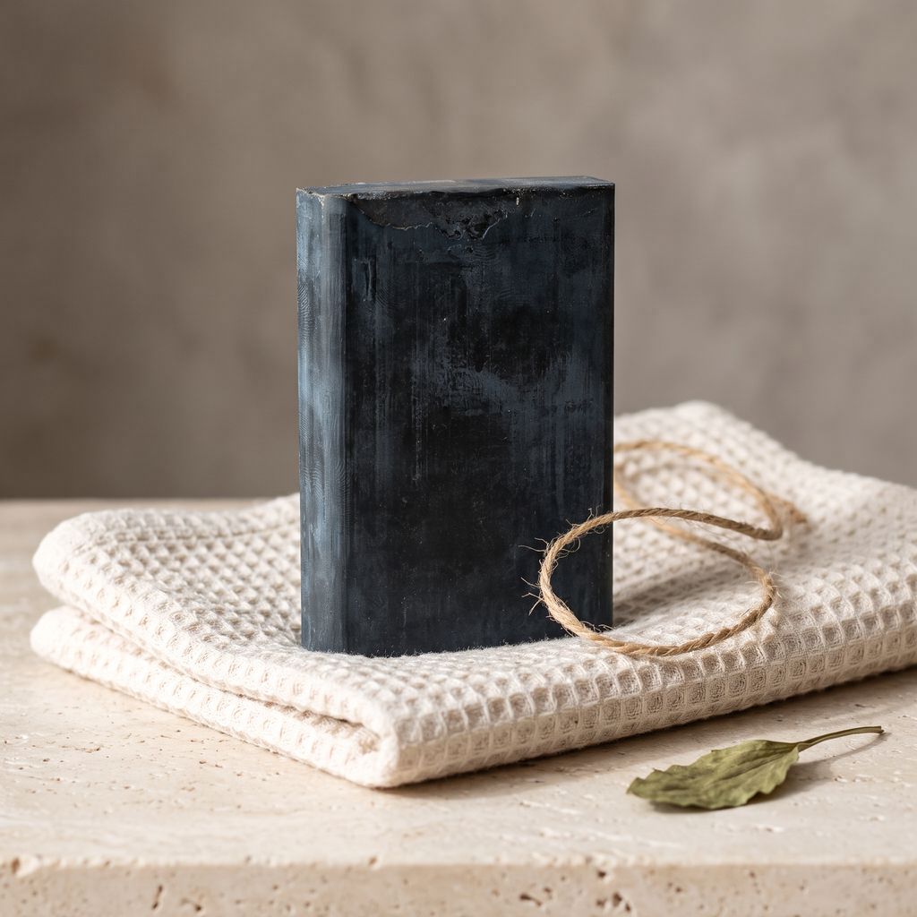 Avlia African Black Soap Bar styled as a gift on waffle towel with jute twine