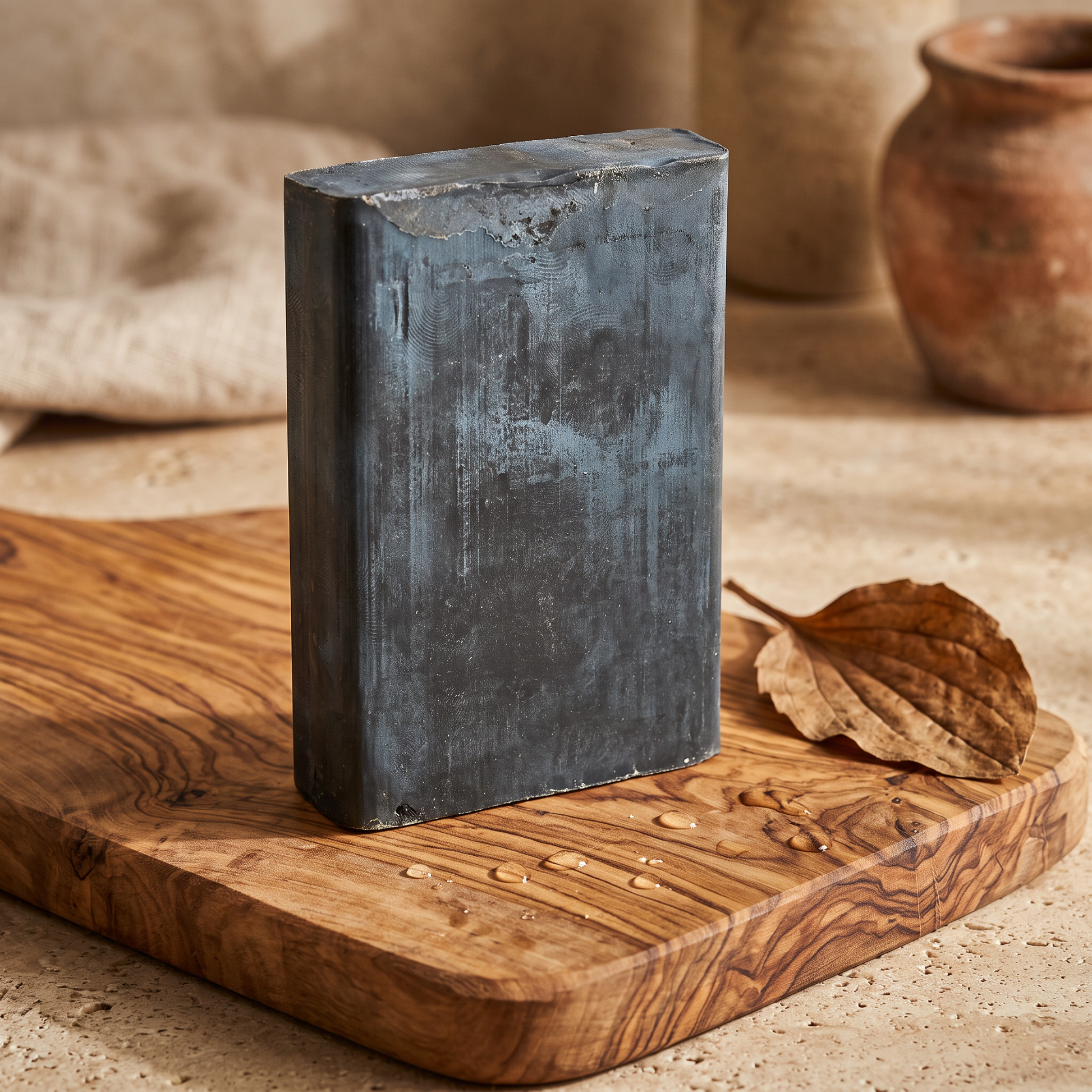 Avlia African Black Soap Bar on rustic olive wood board with water droplets