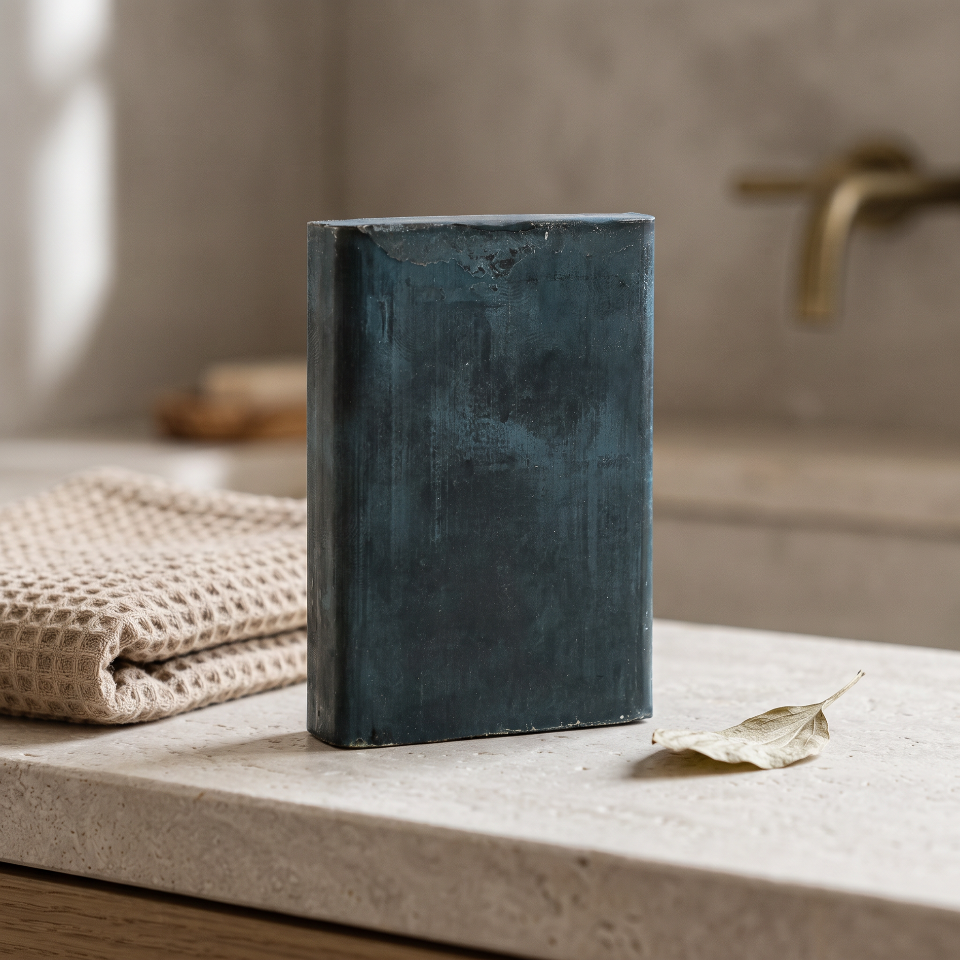 Avlia African Black Soap Bar on stone bathroom shelf beside waffle towel