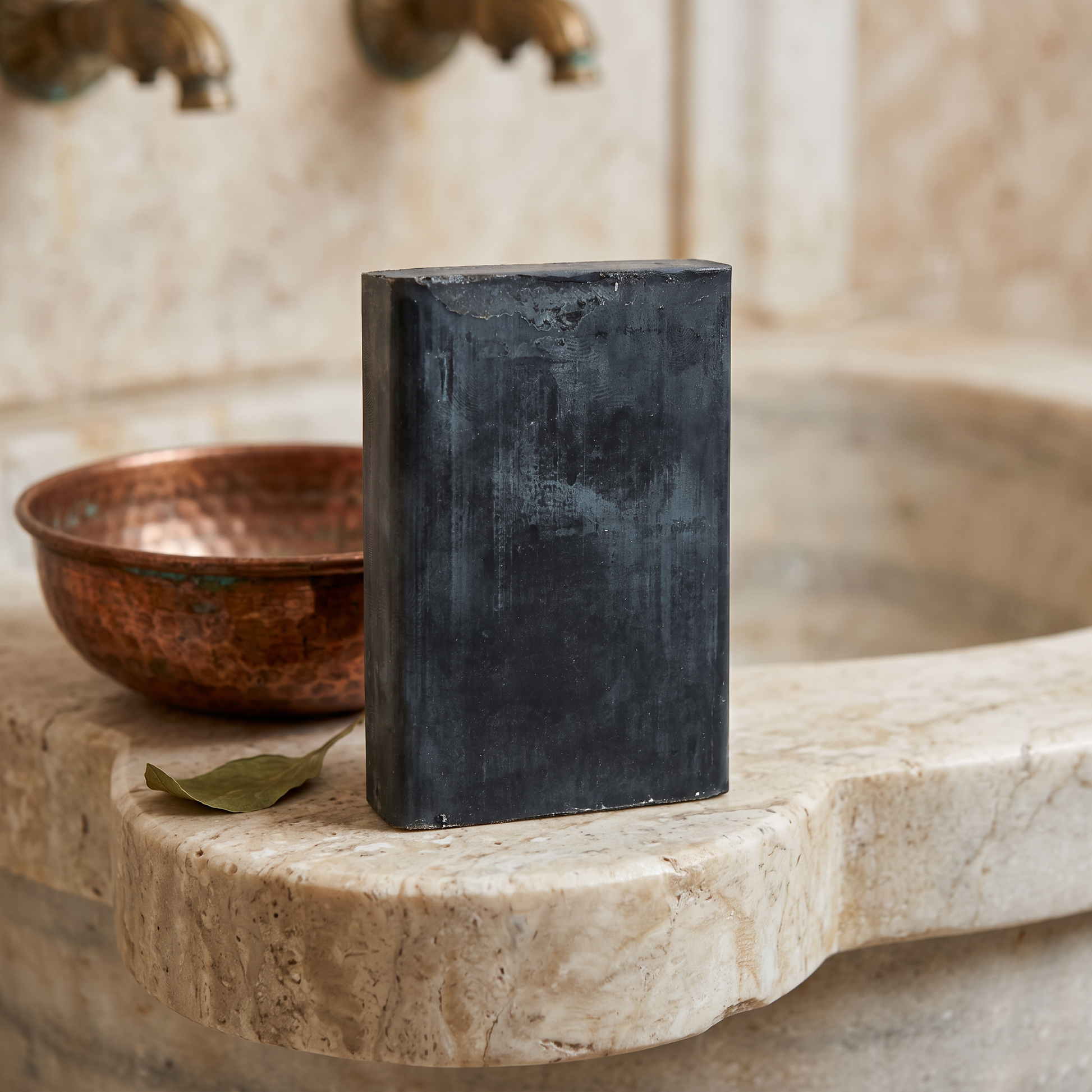 Avlia African Black Soap Bar on marble hammam basin edge with copper bowl