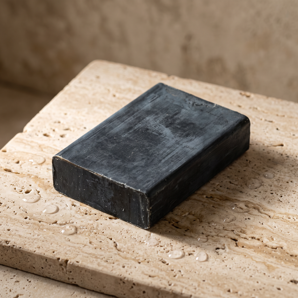 Avlia African Black Soap Bar resting on travertine stone slab