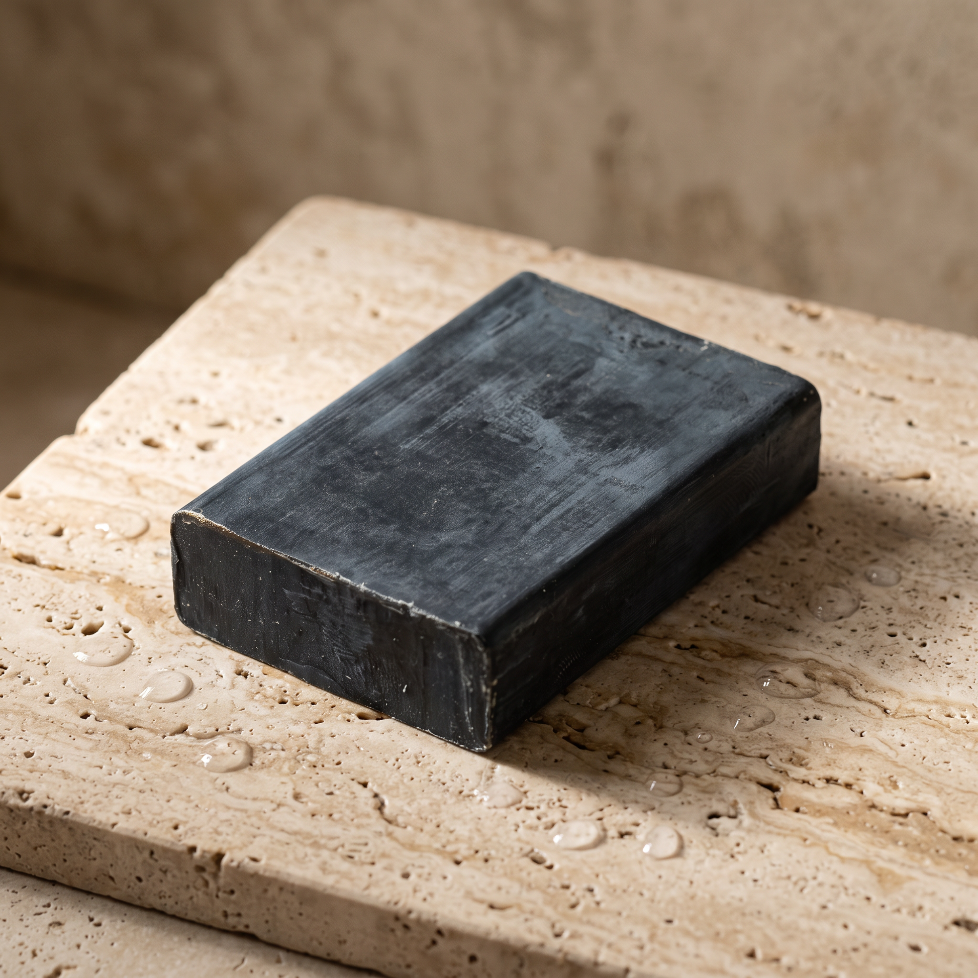 Avlia African Black Soap Bar resting on travertine stone slab