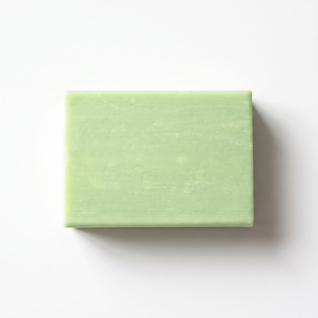 Aloe Vera Soap bar on a plain white background, handmade cold-process soap, 100 g