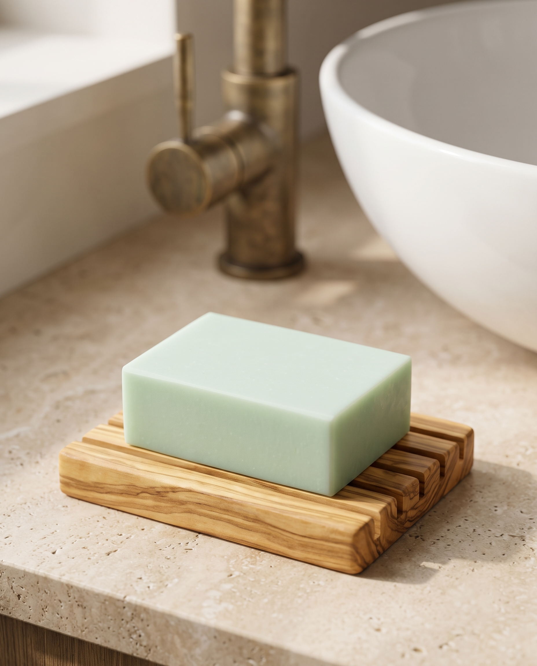 Aloe Vera Soap in an olive wood soap dish on a stone vanity beside an aged brass tap