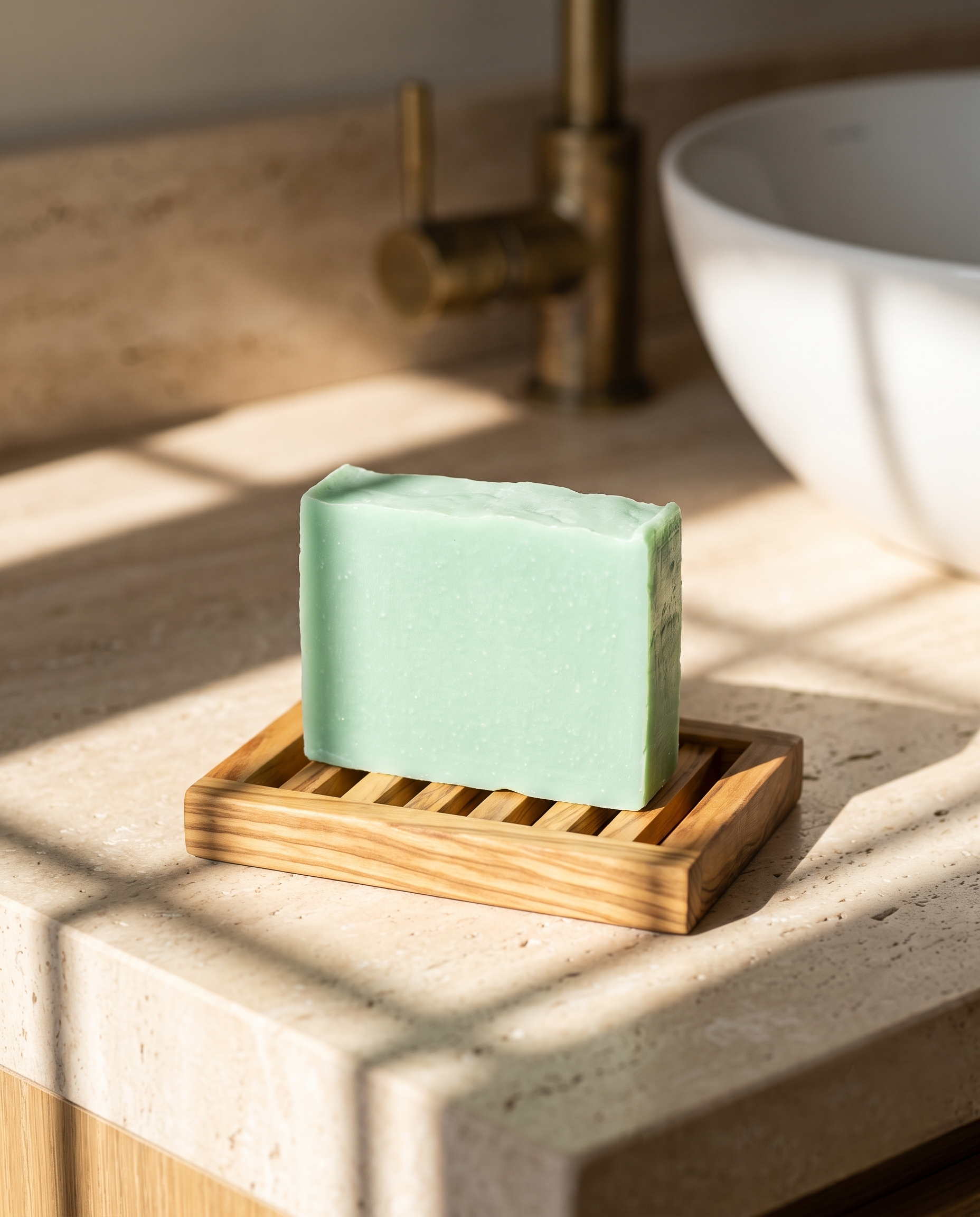 Aloe Vera Soap in hard afternoon sunlight on sand plaster, cut by geometric window shadows