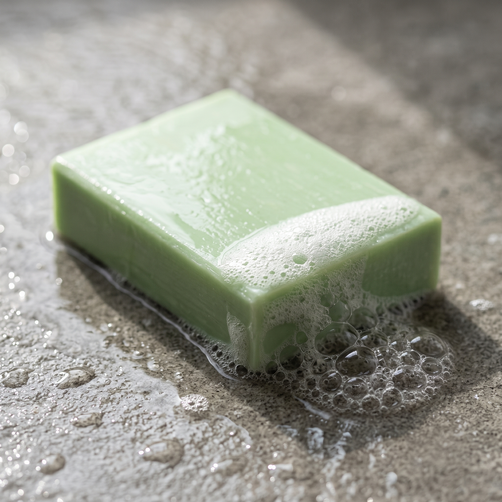 Aloe Vera Soap lathering on wet grey stone with dense white foam along one edge